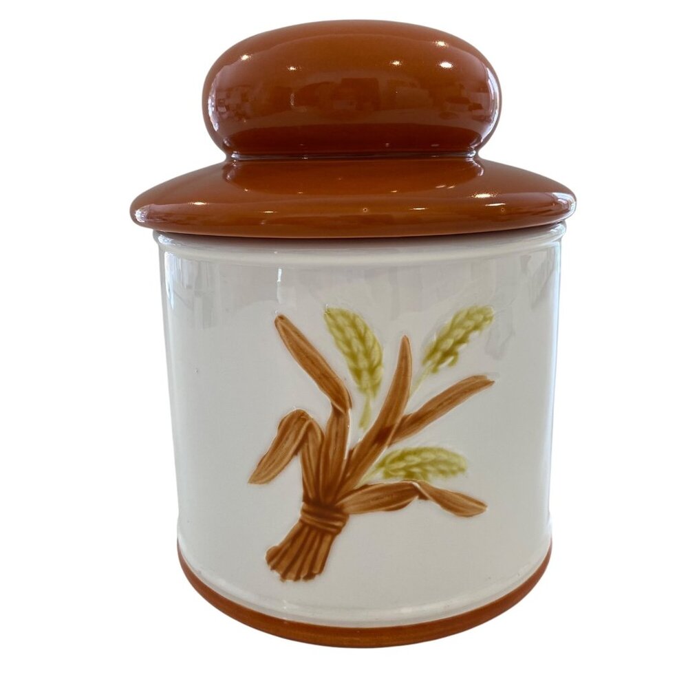 Vintage Japan Ceramic Cookie Jar With Wheat Design & Orange Lid